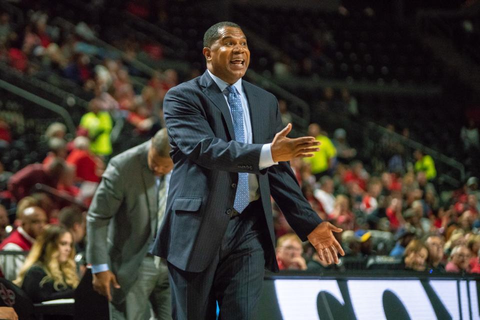 Southern's head coach Sean Woods coaches from the sidelines as the Ragin' Cajuns play against the Southern University Jaguars at the Cajundome on December 1, 2018.