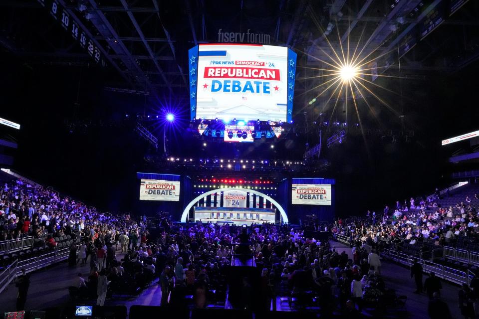The stage is set at Fiserv Forum before the first 2023 Republican presidential debate in Milwaukee on Wednesday, Aug. 23, 2023