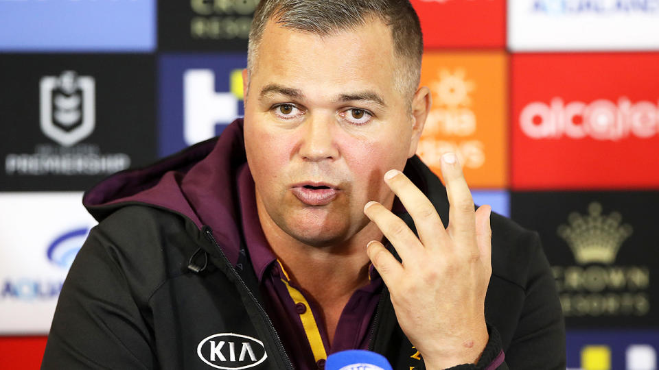 Anthony Seibold, pictured here speaking to the media after the Broncos' loss.