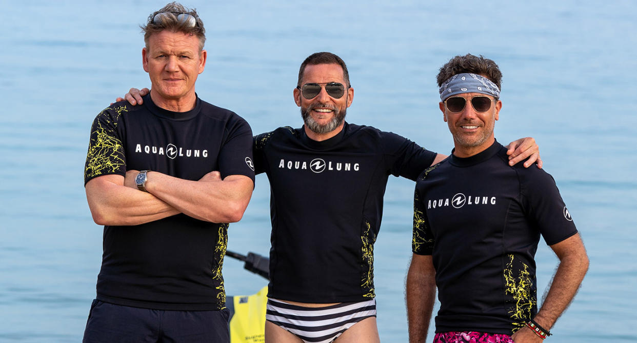 EMBARGOED PICTURE: FOR PUBLICATION FROM TUESDAY 21ST SEPTEMBER 20201
From Studio Ramsay 

GORDON, GINO, FRED GO GREEK
MAMMA MIA
Monday 27th September 2021 on ITV 

Pictured : Gordon Ramsay Fred Sirieix and Gino D'Acampo take to the sea off Crete on  jet ski's. 

Having previously traversed Americaâ€™s west coast to explore flavours of the new world, this time out Gordon, Gino and Fred travel to Greece to immerse themselves in the culinary traditions and spectacular landscapes of the old world, in the birthplace of civilisation. The taste buddies embark on an island-hopping tour, keen to learn more about the Mediterranean diet and how the country has one of the healthiest populations in the world. Ginoâ€™s right at home, declaring himself El Capitano and taking charge of their catamaran - stand by for a bumpy ride. Highlights include the boys hunting and cooking a unique species of lobster in Crete, touring the islands by tuk-tuk and jet ski, taking a mud bath in a volcanic spring in stunning Santorini, as well as chowing down on mouth-watering moussaka, and finally, tickling their taste buds with a hugely popular local speciality: the Mykonos sausage.

(C) Studio Ramsay

For further information please contact Peter Gray
07831 460 662 peter.gray@itv.com  

This photograph is Â© Studio Ramsay and can only be reproduced for editorial purposes directly in connection with the  programme GORDON, GINO, FRED GO GREEK or ITV. Once made available by the ITV Picture Desk, this photograph can be reproduced once only up until the Transmission date and no reproduction fee will be charged. Any subsequent usage may incur a fee. This photograph must not be syndicated to any other publication or website, or permanently archived, without the express written permission of ITV Picture Desk. Full Terms and conditions are available on the website https://www.itv.com/presscentre/itvpictures/terms

