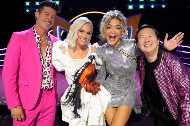 <p>Michael Becker/FOX</p> 'The Masked Singer' season 11 panel, Robin Thicke, Jenny McCarthy-Wahlberg, Rita Ora, and Ken Jeong