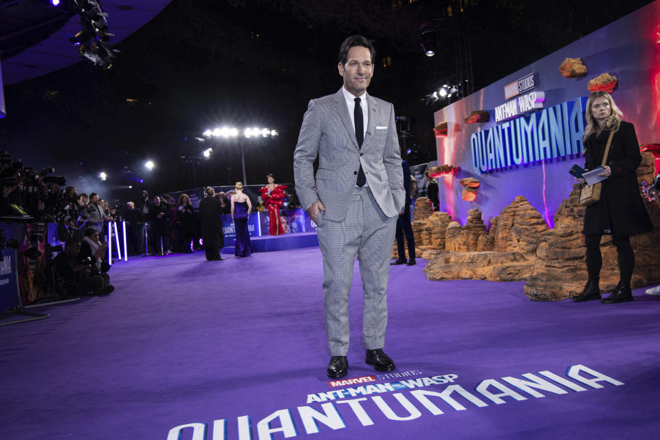 Paul Rudd poses for photographers upon arrival for the premiere of the film 'Ant-Man and the Wasp: Quantumania' in London, Thursday, Feb. 16, 2023. (Photo by Vianney Le Caer/Invision/AP)