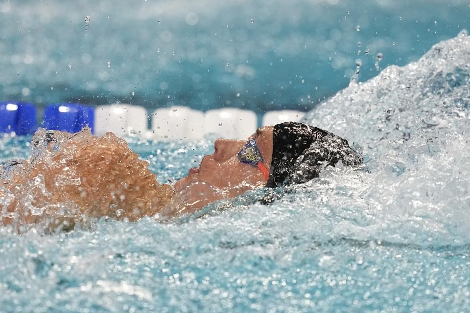 Carson Foster swims on his way to winning the 200-meter individual medley at the U.S. national championships swimming meet, Saturday, July 1, 2023, in Indianapolis. (AP Photo/Darron Cummings)