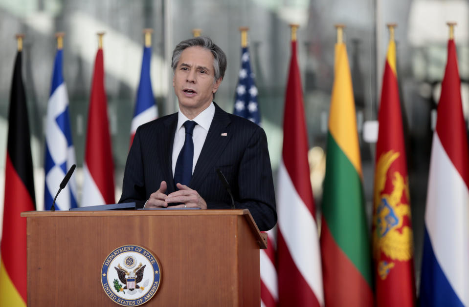 U.S. Secretary of State Antony Blinken delivers an address after a meeting of NATO foreign ministers at NATO headquarters in Brussels on Wednesday, March 24, 2021. (AP Photo/Virginia Mayo, Pool)