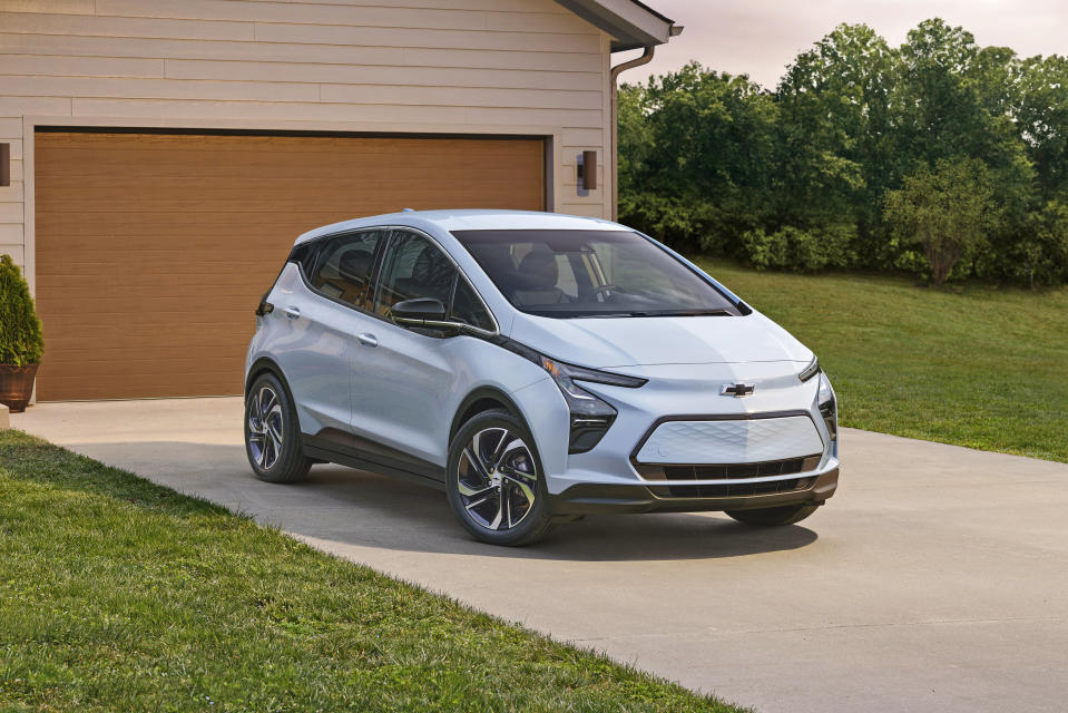 This photo provided by General Motors shows the 2023 Chevrolet Bolt EV, a compact electric car that will be discontinued for 2024. (Jeff Ludes/Courtesy of General Motors via AP)