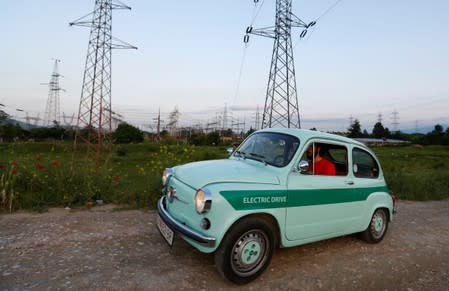 A converted supermini car Zastava 750, which has its combustion engine replaced with an electric one by BB Classic Cars, drives in Skopje