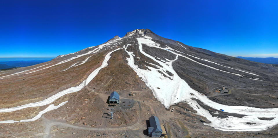 Overhead view of Timberline's summer skiing routes. (Photo taken July, 2021)<p><a href="https://gettyimages.com/search/2/image?family=creative&phrase=mt%2520hood%2520summer%2520skiing" rel="nofollow noopener" target="_blank" data-ylk="slk:Photo: Jerry Uomala/Getty Images;elm:context_link;itc:0;sec:content-canvas" class="link ">Photo: Jerry Uomala/Getty Images</a></p>