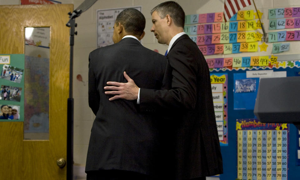 President Barack Obama and Secretary of Education Arne Duncan, who unveiled the national Race to the Top initiative in 2010, were later blamed for the expansion of the department’s remit. (Kristoffer Tripplaar-Pool/Getty Images)