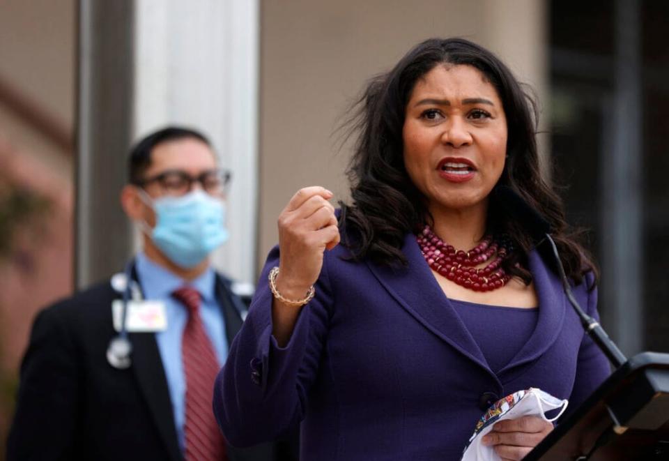 San Francisco Mayor London Breed speaks during a news conference outside of Zuckerberg San Francisco General Hospital with essential workers to mark the one year anniversary of the COVID-19 lockdown on March 17, 2021 in San Francisco, California. San Francisco has some of the lowest number of coronavirus cases and death rates in the country with only 422 deaths in a city with a population near 900,000. (Photo by Justin Sullivan/Getty Images)