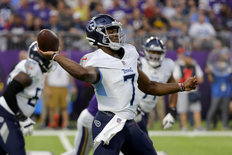 Tennessee Titans quarterback Malik Willis (7) throws a pass in the first half of a preseason NFL football game, Saturday, Aug. 19, 2023, in Minneapolis. (AP Photo/Bruce Kluckhohn)