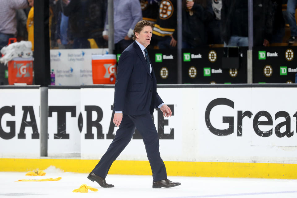 BOSTON, MASSACHUSETTS - APRIL 23: Head Coach Mike Babcock of the Toronto Maple Leafs exits the ice after the Maple Leafs lost 5-1 to the Boston Bruins in Game Seven of the Eastern Conference First Round during the 2019 NHL Stanley Cup Playoffs at TD Garden on April 23, 2019 in Boston, Massachusetts.  (Photo by Maddie Meyer/Getty Images)