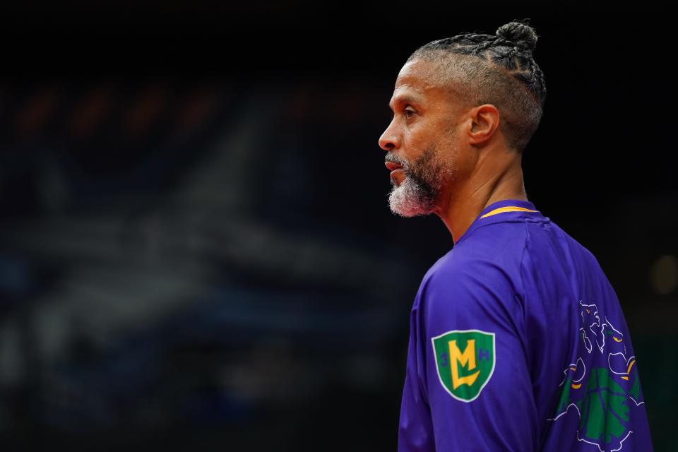 Mahmoud Abdul-Rauf of the 3 Headed Monsters looks on during warmups prior to the game against the Enemies in BIG3 Week 4 at Comerica Center on July 10, 2022 in Frisco, Texas.