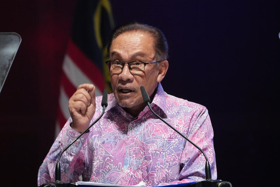 Malaysian Prime Minister Anwar Ibrahim delivers his speech for National Day at a convention centre in Putrajaya, Malaysia Wednesday, Aug. 30, 2023. Anwar made his first National Day address since taking over as Prime Minister in November last year. (AP Photo/Vincent Thian)