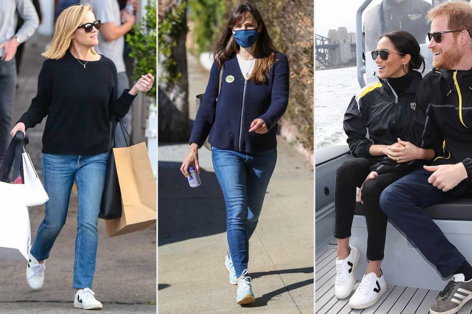 Reese Witherspoon, Jennifer Garner, and Meghan Markle wearing Veja sneakers