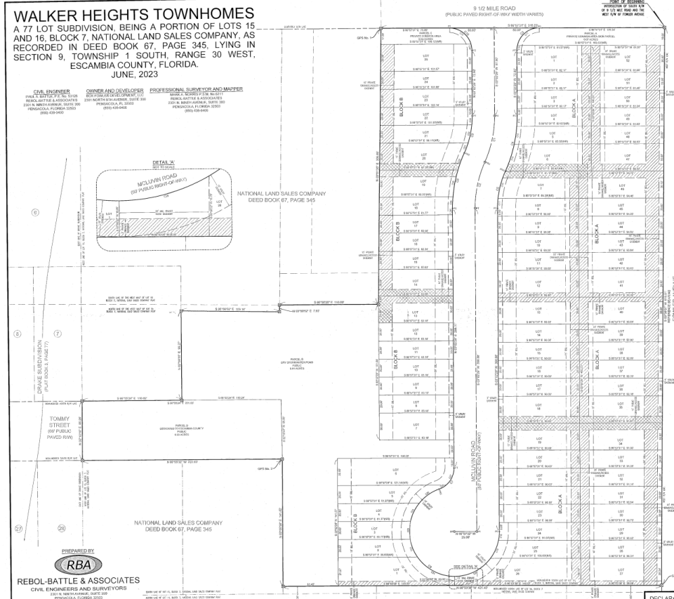 Site plan for development of Walker Heights subdivision, filed with Escambia County's Development Review Committee.