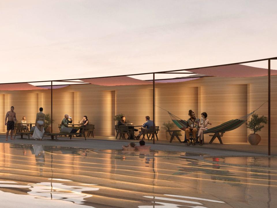 Renderings of the El Cosmico property shows people lounging by a pool.