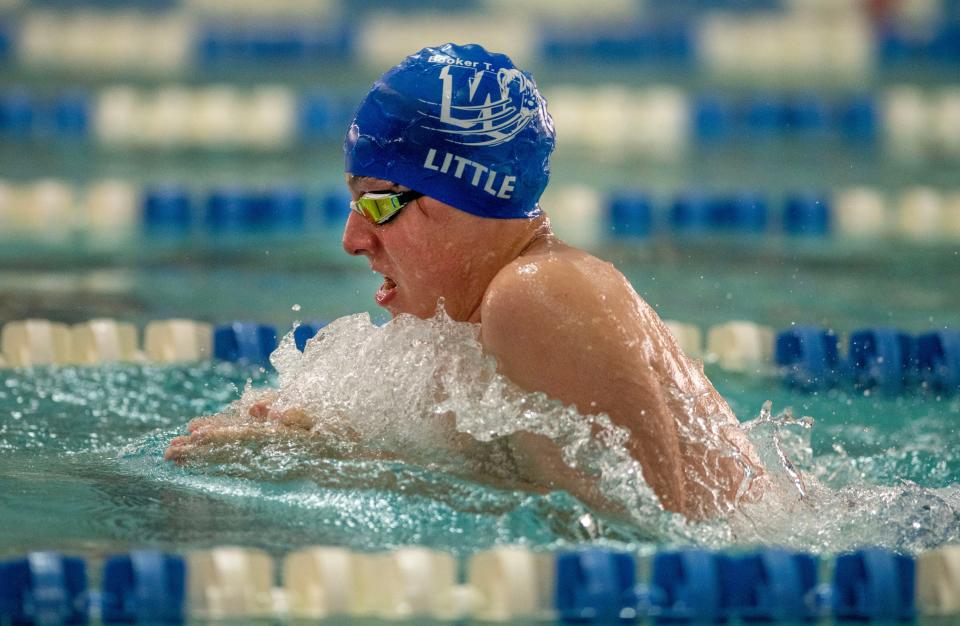 Washington High School's Max Little makes his way across the pool during the Pace Patriot Duels in the Pool at the University of West Florida Saturday, September 16, 2023.