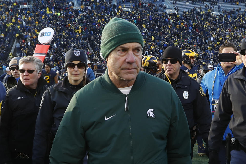 Michigan State head coach Mark Dantonio leaves the field after an NCAA college football game against Michigan in Ann Arbor, Mich., Saturday, Nov. 16, 2019. (AP Photo/Paul Sancya)