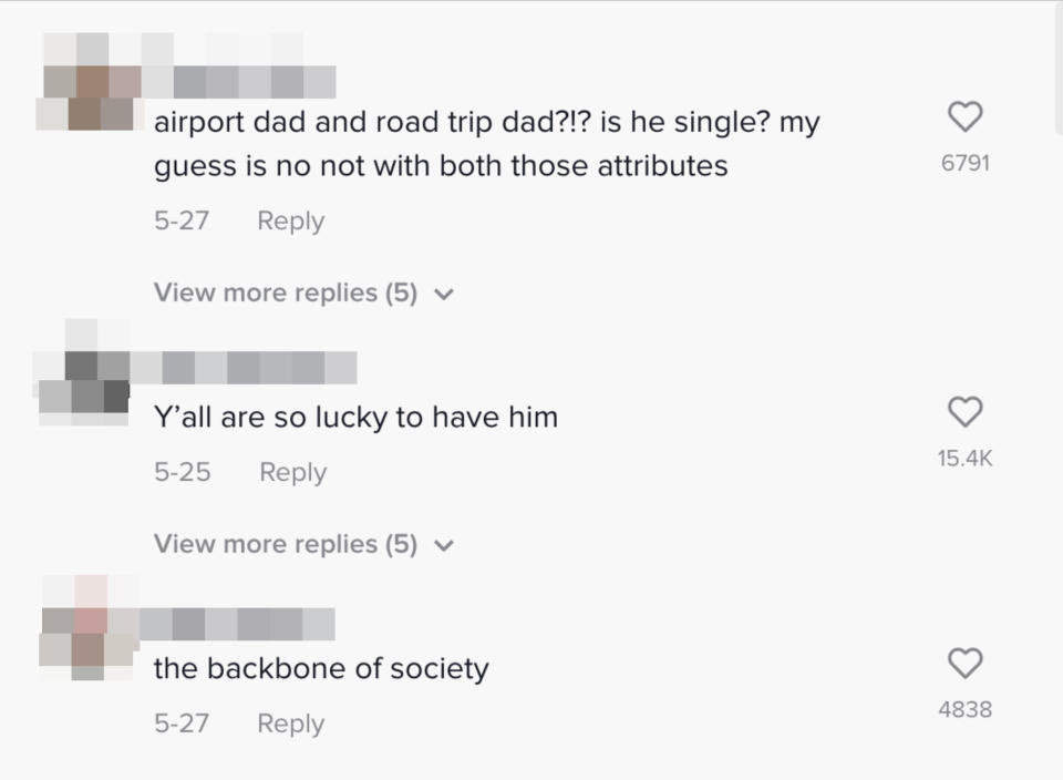 One person said, "airport dad and road trip dad?!? is he single? my guess is no not with both those attributes" Also: "the backbone of society" and "Y'all are so lucky to have him"