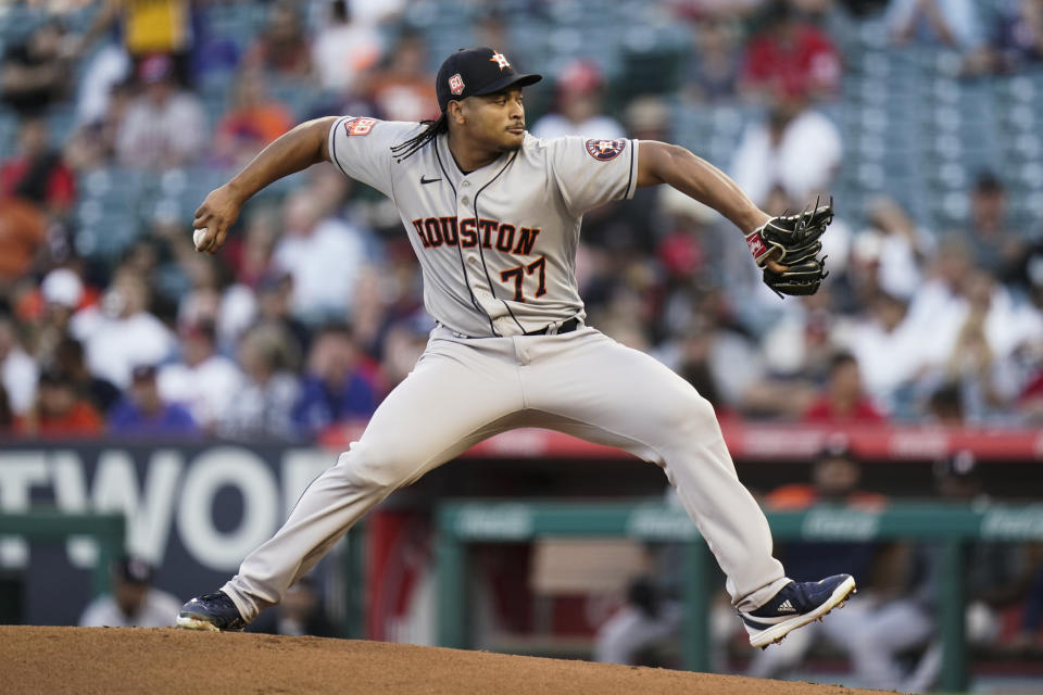 Houston Astros starting pitcher Luis Garcia throws against the Los Angeles Angels during the first inning of a baseball game Tuesday, July 12, 2022, in Anaheim, Calif. (AP Photo/Jae C. Hong)