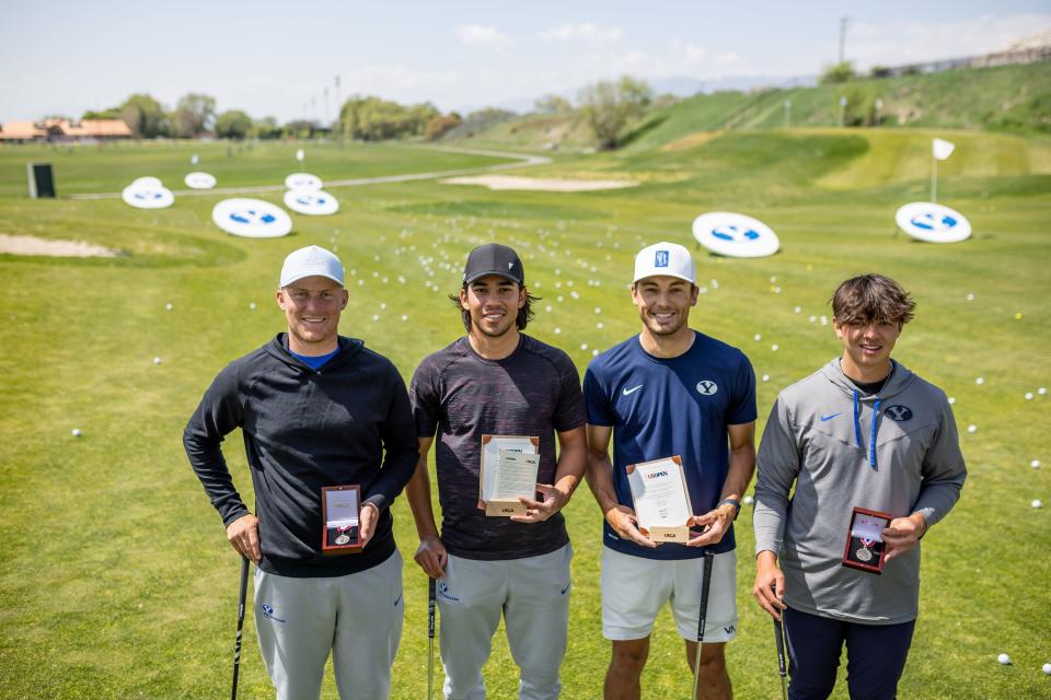 Zac Jones, Keanu Akina, Brock Goyen and Tyson Shelley, four BYU golfers who made it through the first stage stage of U.S. Open qualifying, pose for a photo at the Cougars’ practice facility in American Fork on Thursday, May 11, 2023. | Spenser Heaps, Deseret News