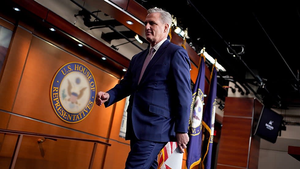 Minority Leader Kevin McCarthy (D-Calif.) leaves his weekly on-camera press conference with reporters on Wednesday, March 9, 2022.