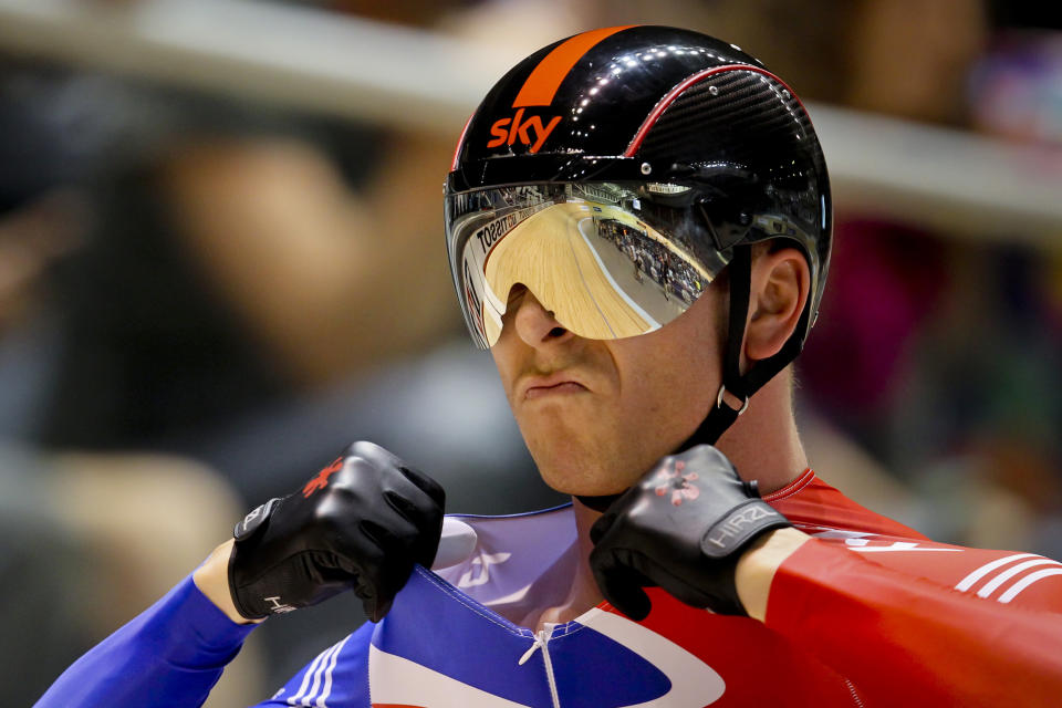 Chris Hoy from Britain focuses before competing in the men's sprint event at the 2012 Track Cycling World Championships in Melbourne, on April 7, 2012.  AFP PHOTO / Mark GUNTER  IMAGE STRICTLY RESTRICTED TO EDITORIAL USE - STRICTLY NO COMMERCIAL USE AFP PHOTO (Photo credit should read Mark Gunter/AFP/Getty Images)