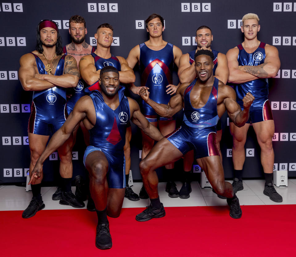 Gladiators,L-R: Viper. Giant, Legend, Phantom, Apollo,Nitro, Steel, Bionic,Coming soon... Gladiators head to BBC Headquarters to announce the shows return to screens. ,BBC ,Guy LEvy