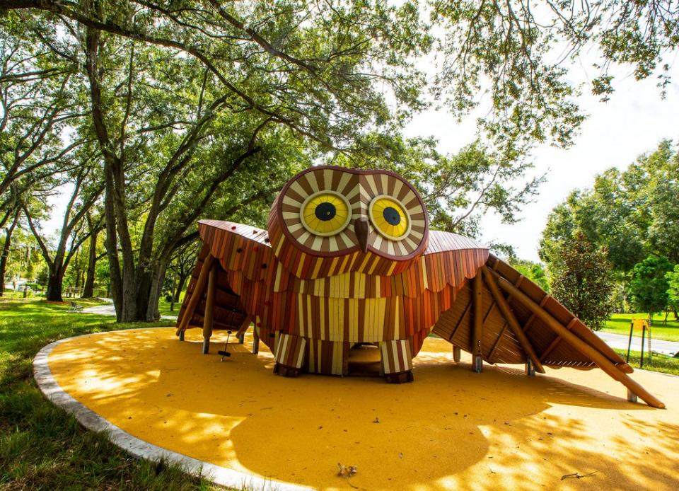 Mable the Owl is a sculpture that also functions as a kids' slide. Lake Bonnet Spring Park in Lakeland, Fl. October 19th 2022.