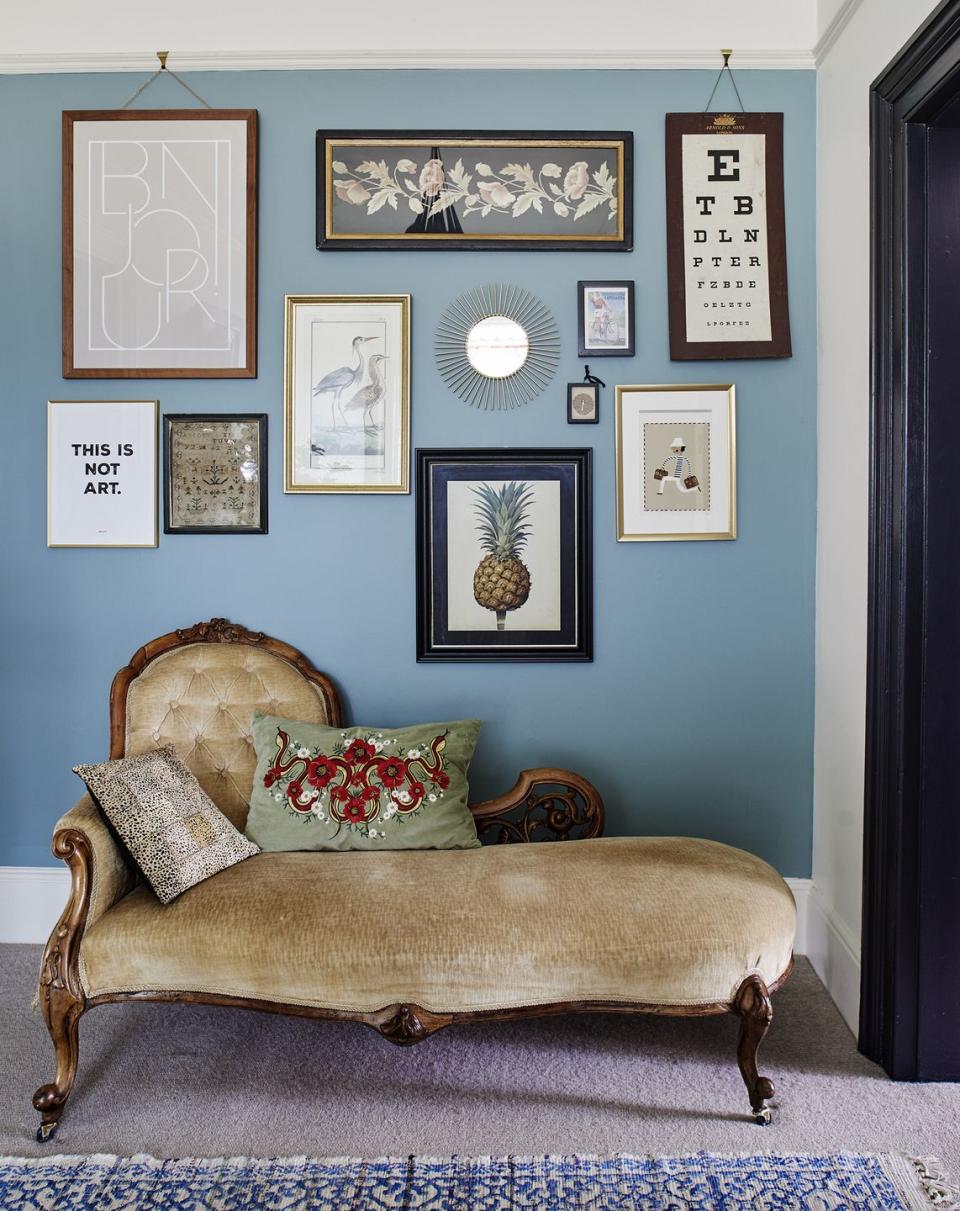 blue landing with gold vintage chaise longue