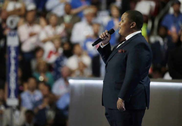 Bobby Hill singing the national anthem Monday at the Democratic National Convention in Philadelphia. (Reuters/Gary Cameron)