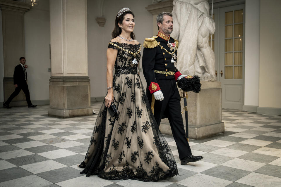 FILE - Crown Prince Frederik and Crown Princess Mary arrives at the gala banquet at Christiansborg Palace in Copenhagen, Denmark, Sunday Sept. 11, 2022. Queen Margrethe II, Denmark’s monarch for more than half a century, stunned her country when she announced on New Year’s Eve that she will hand over the throne to her eldest son, Crown Prince Frederik, on Jan. 14, 2024. It’s the first time a Danish monarch has stepped down voluntarily in nearly 900 years. (Mads Claus Rasmussen/Ritzau Scanpix via AP, File)