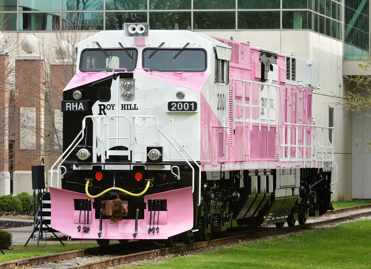 A new all-electric FLXDrive locomotive, one of the first completed for Australian mining company Roy Hill, is displayed at Wabtec Corp. in Lawrence Park Township on Oct. 31.