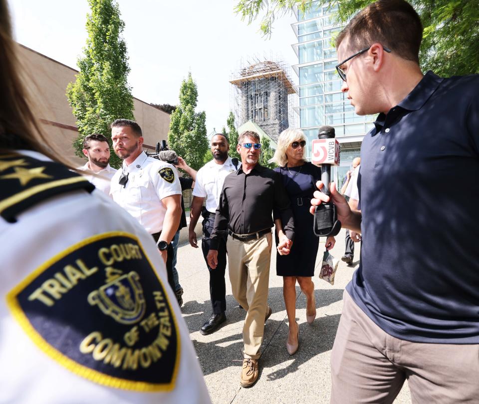 Taunton Mayor Shaunna O'Connell leaves Taunton District Court Monday, July 22, 2024, with her husband Ted O'Connell after the mayor was arraigned on charges that she attacked him with a crowbar on Friday.