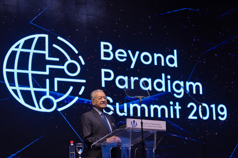 Prime Minister Tun Dr Mahathir Mohamad addresses the ‘Beyond Paradigm Summit 2019’ in Kuala Lumpur July 17, 2019. — Picture by Mukhriz Hazim