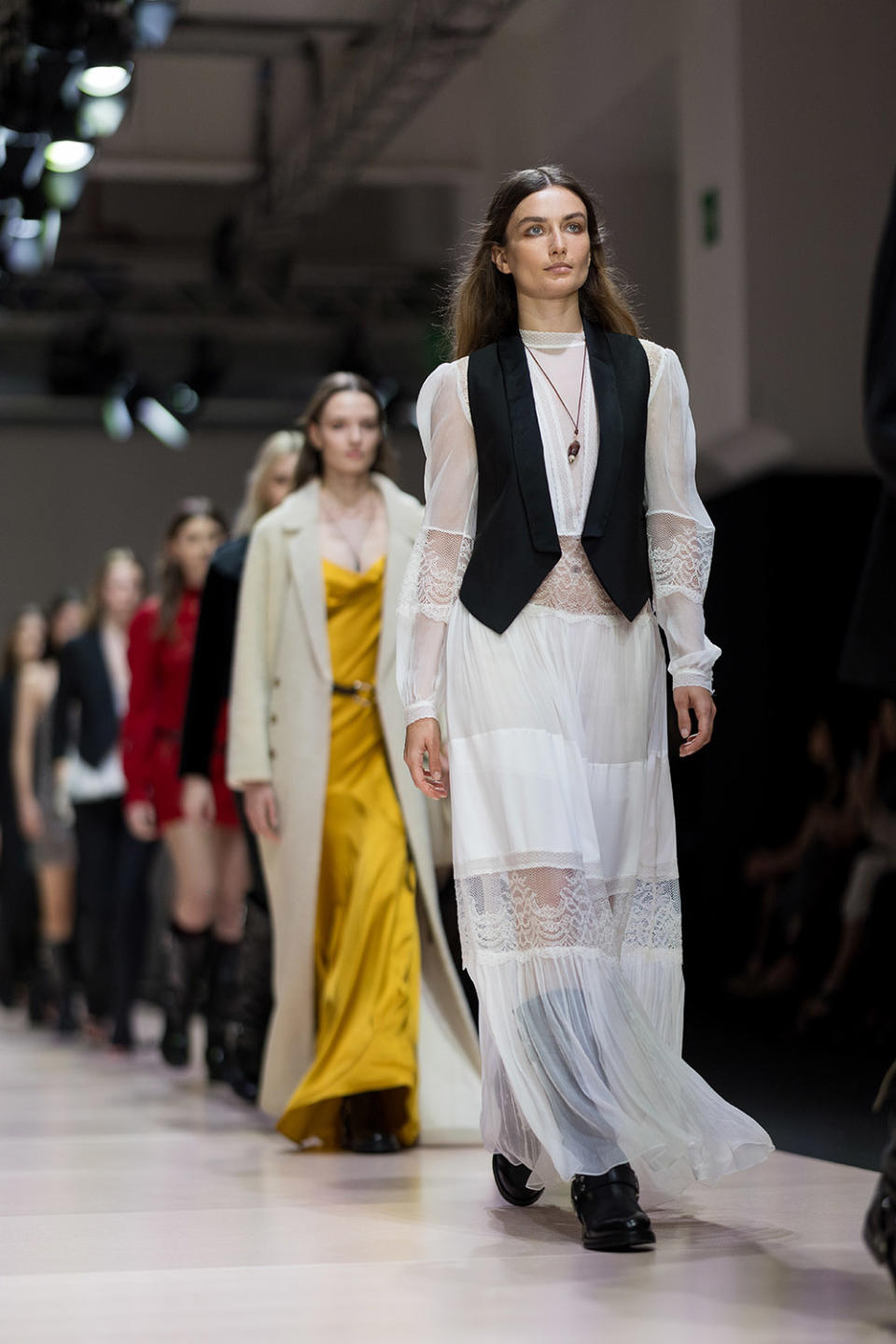 Models walk the runway of Twinset Fashion Show during the Milan Fashion Week - Womenswear Fall/Winter 2024-2025 at Frigoriferi Milanesi on February 20, 2024 in Milan, Italy.