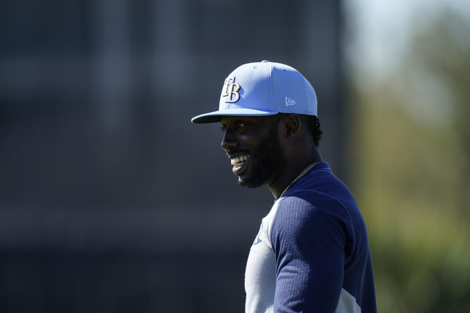 Tampa Bay Rays left fielder Randy Arozarena works out during spring training baseball practice on Thursday, Feb. 25, 2021, in Port Charlotte, Fla. (AP Photo/Brynn Anderson)