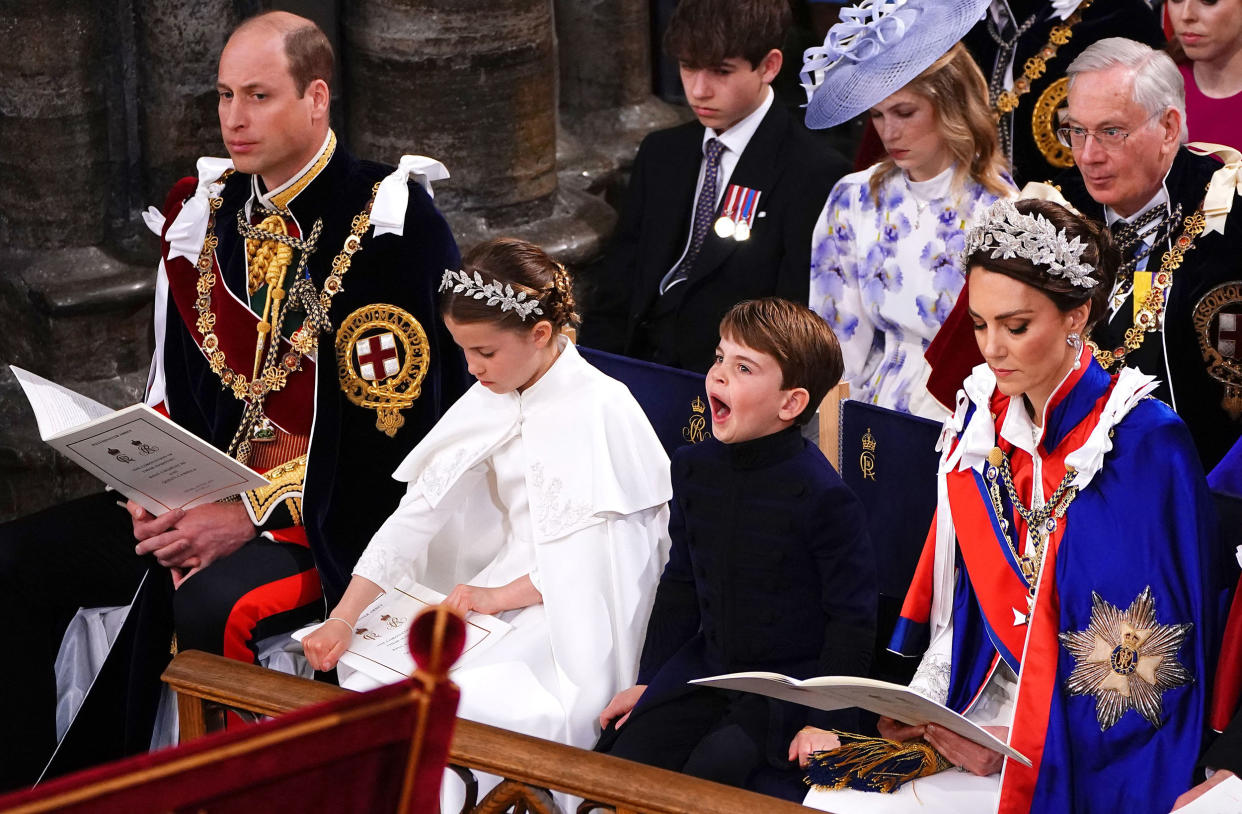 Britain's Prince William, Prince of Wales, Princess Charlotte, Prince Louis and Britain's Catherine, Princess of Wales (Yui Mok / Pool / AFP via Getty Images)