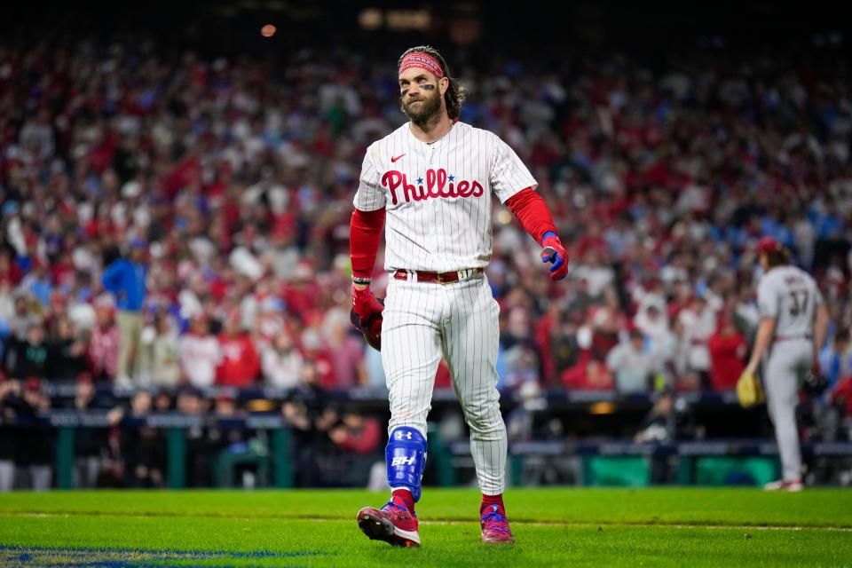 Philadelphia Phillies' Bryce Harper reacts after flying out against the Arizona Diamondbacks during the seventh inning of Game 7 of the NL Championship Series on Wednesday, Oct. 25, 2023.