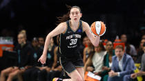 New York Liberty forward Breanna Stewart (30) dribbles the ball during the second half of a WNBA basketball game against the Indiana Fever, Saturday, May 18, 2024, in New York. The Liberty won 91-80. (AP Photo/Noah K. Murray)