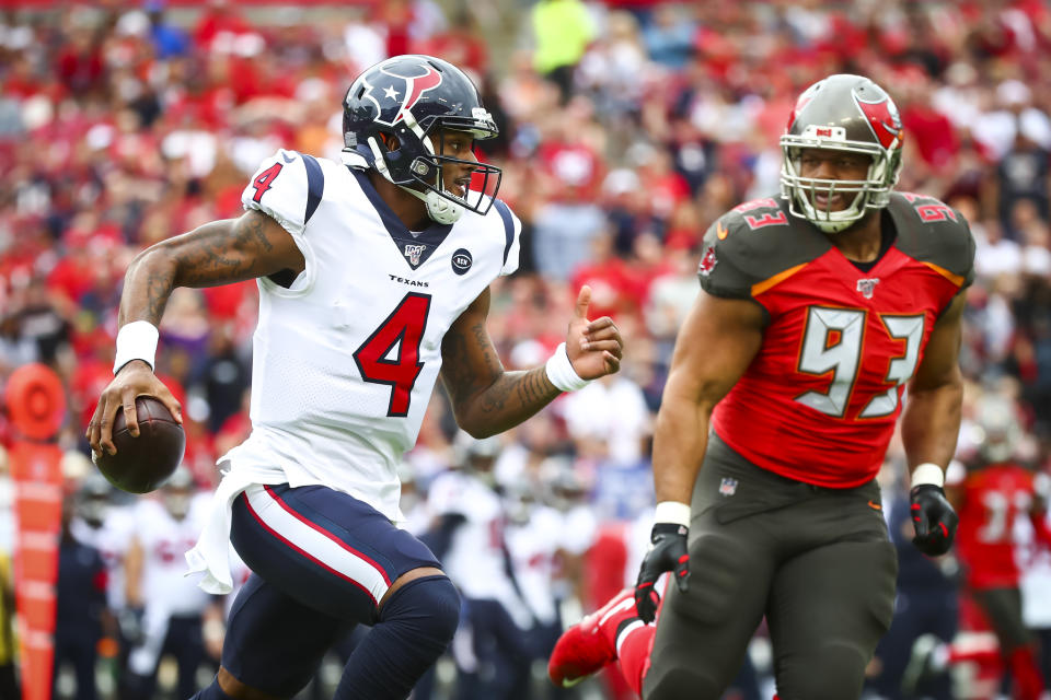 TAMPA, FL - DECEMBER 21: Deshaun Watson #4 of the Houston Texans runs with the ball during the first half against the Houston Texans on December 21, 2019 at Raymond James Stadium in Tampa, Florida. (Photo by Will Vragovic/Getty Images)