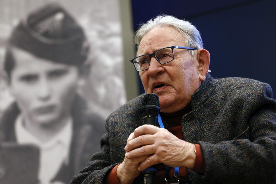 Holocaust survivor Bogdan Bartnikowski attends a meeting of survivors with media in Oswiecim, Poland, Thursday, Jan. 26, 2023. Survivors of Auschwitz-Birkenau are gathering to commemorate the 78th anniversary of the liberation of the Nazi German death camp in the final months of World War II, amid horror that yet another war has shattered the peace in Europe. The camp was liberated by Soviet troops on Jan. 27, 1945. (AP Photo/Michal Dyjuk)