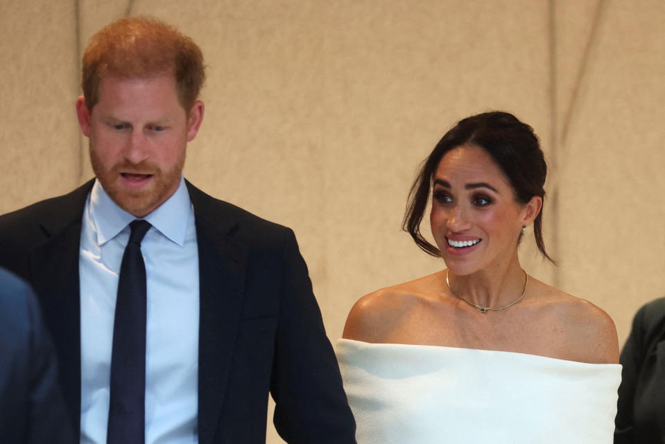 Britain's Prince Harry, Duke of Sussex and his wife Meghan, Duchess of Sussex attend a panel held during Project Healthy Minds' second annual World Mental Health Day Festival and The Archewell Foundation Parents' Summit: Mental Wellness in the Digital Age in New York City, U.S., October 10, 2023. REUTERS/Mike Segar