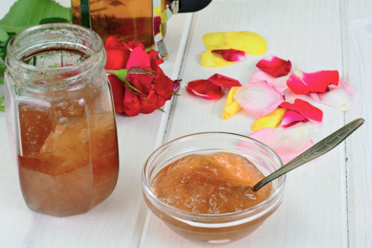 rose petal jelly in jar with rose petals