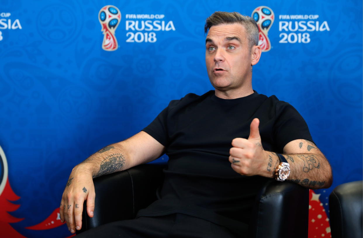 MOSCOW, RUSSIA - JUNE 12, 2018: English pop singer Robbie Williams gives an interview to the TASS Russian News Agency in Moscow; Williams and Russian soprano Aida Garifullina are to perform at the opening ceremony for the 2018 FIFA World Cup. Mikhail Japaridze/TASS (Photo by Mikhail Japaridze\TASS via Getty Images)