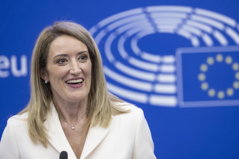 Christian Democrat Roberta Metsola of Malta delivers a speech at the European Parliament, in Strasbourg, eastern France, Tuesday, Jan 18, 2022. Metsola was elected president of the European Union's parliament Tuesday, taking over for a 2 and ½-year term, following the death of David Sassoli last week. (AP Photo/Jean-Francois Badias)