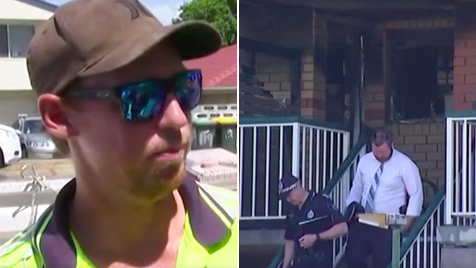 Tradie Damien Shanks, left, raced to help after a man was trapped inside a burning apartment, right. Source: 7News