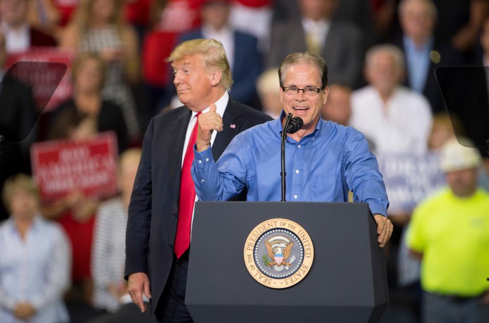 Former President Donald Trump and U.S. Sen. Mike Braun during a campaign rally in Evansville in 2018.