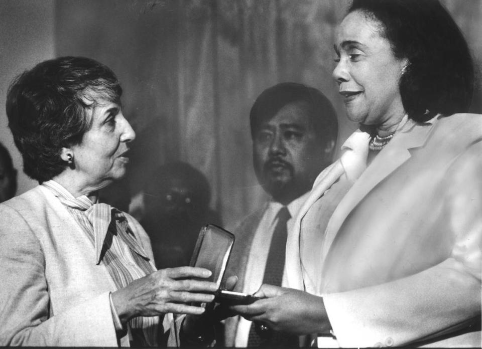 Coretta Scott King receives a key to the Sacramento on Thursday, May 2, 1985, from Mayor Anne Rudin during a reception and press conference at the Interfaith Service Bureau. King spoke to the state Legislature earlier in the day about making the first federal holiday honoring her late husband a day of “great national celebration and unity and renewed patriotism.” Congress set the observance of Martin Luther King Jr. Day to begin in 1986.