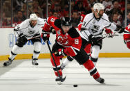 NEWARK, NJ - MAY 30: Zach Parise #9 of the New Jersey Devils handles the puck against the Los Angeles Kings during Game One of the 2012 NHL Stanley Cup Final at the Prudential Center on May 30, 2012 in Newark, New Jersey. (Photo by Bruce Bennett/Getty Images)